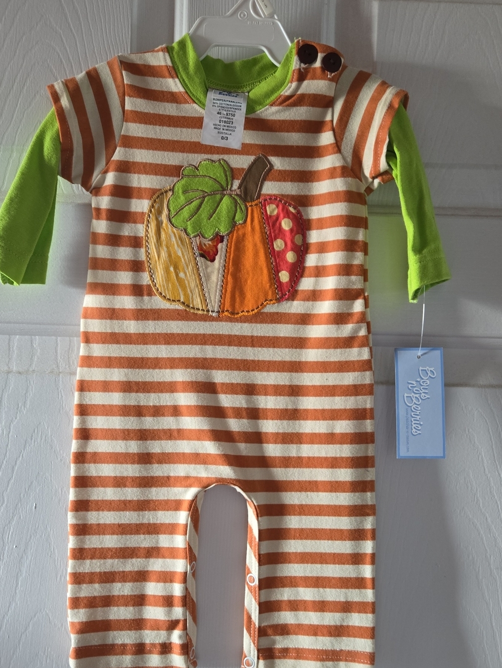 Baby Orange Stripe Pumpkin Appliqué One-Piece with Lime Long Sleeves